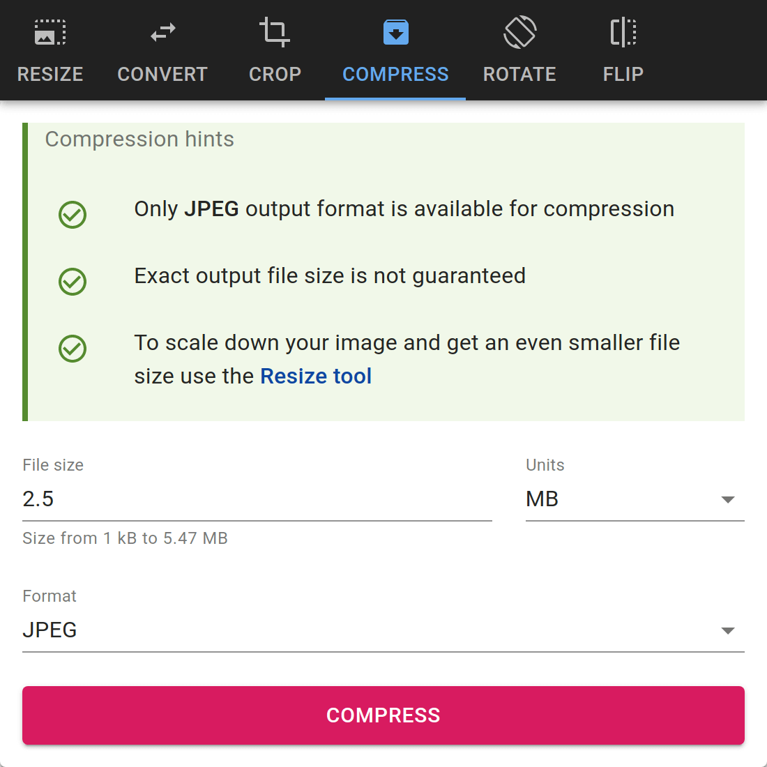 PhotoUtils screenshot: how to optimize a JPG online